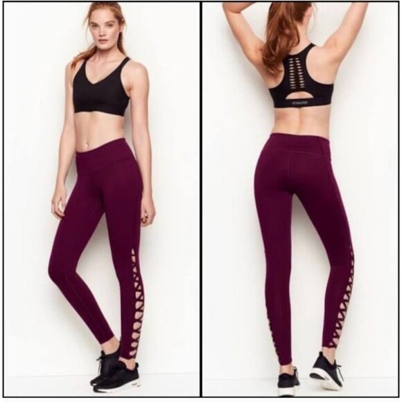 VS Victoria Secret Sport Leggings maroon shimmer cutout Knockout Tights medium - Picture 1 of 6